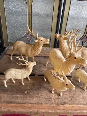 Vintage Blow Mold Plastic Christmas Reindeer Figurines - Set of 7