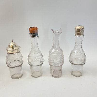 Antique Silver-Plated Rotating Cruet Set with 4 Glass Bottles