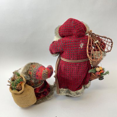 Vintage Rustic Santa and Elf Figures with Snowshoes and Lantern