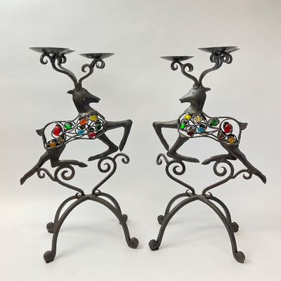 3301 Vintage Jeweled Metal Reindeer Candelabras - Pair