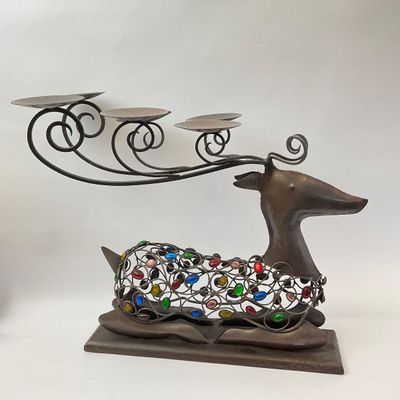 Vintage Metal Reindeer 6-Cup Candelabra with Colorful Glass Gems