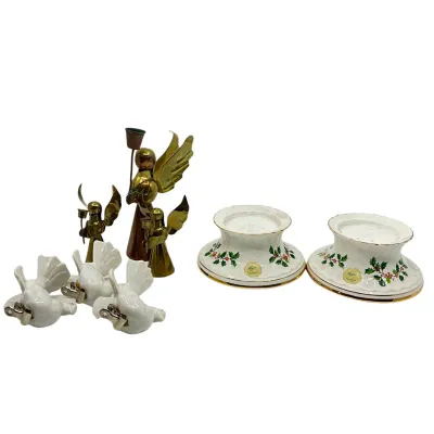 3266 Christmas Brass Angel Figures with Candlestands, and Porcelain Bird Clips