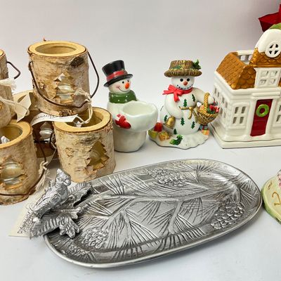 Assorted Christmas Decor Lot - Snowmen, Birch Lanterns, Metal Tray & More