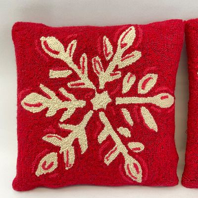 Pair of Red Hooked Wool Snowflake Christmas Throw Pillows