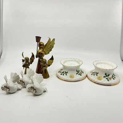 3266 Christmas Brass Angel Figures with Candlestands, and Porcelain Bird Clips