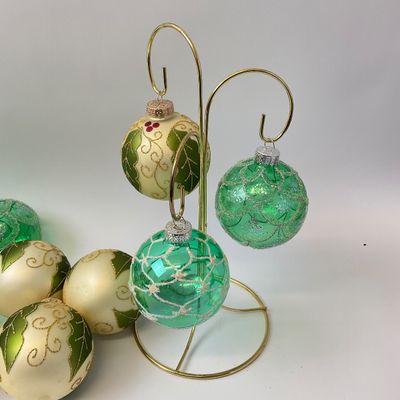 Assorted Green and Cream Glass Christmas Ornaments with Display Stand