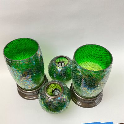 Green Mosaic Glass Hurricane and Orb Candle Holder Set