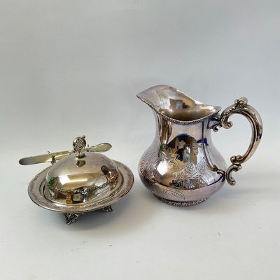 Antique American Silver Plate Co. Butter Dish, Pitcher & Hair Receiver