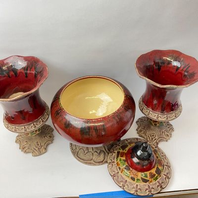 Vintage Ceramic Lidded Urn and Matching Pedestal Vases - 3 Piece Set
