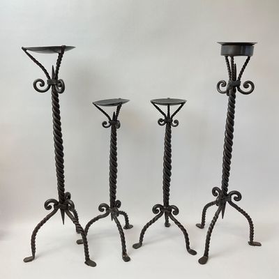 3305 Vintage Brutalist Wrought Iron Barley Twist Candlesticks - Set of 4