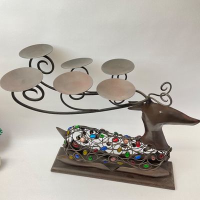 Vintage Metal Reindeer 6-Cup Candelabra with Colorful Glass Gems