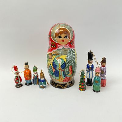 Russian Nesting Doll & Hand-Painted Wooden Christmas Ornaments Set