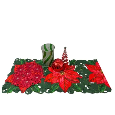 Assorted Christmas Decor Lot with Poinsettia Runner