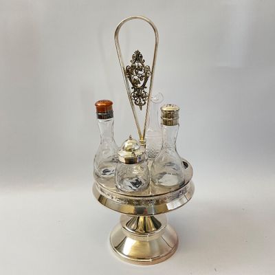 Antique Silver-Plated Rotating Cruet Set with 4 Glass Bottles