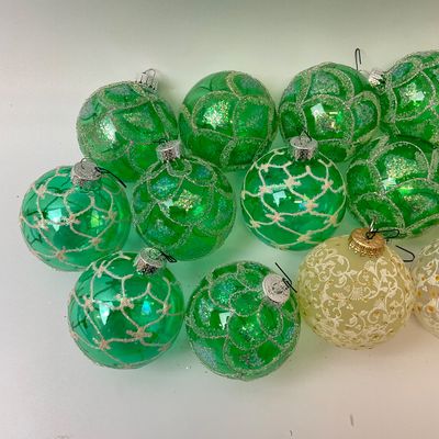 Assorted Green and Cream Glass Christmas Ornaments with Display Stand