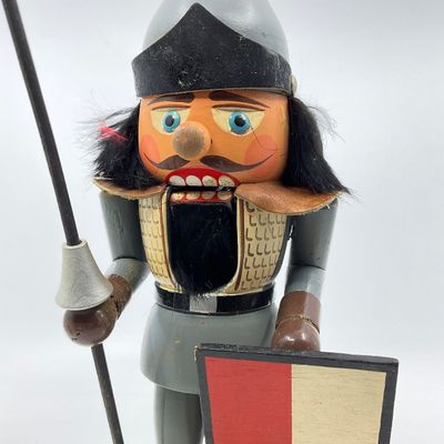 Vintage Wooden Knight Nutcracker with Spear and Shield