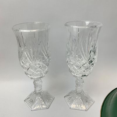 Vintage Crystal Hurricane Goblets and Hand-Painted Magnolia Metal Tray