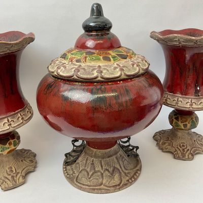 Vintage Ceramic Lidded Urn and Matching Pedestal Vases - 3 Piece Set