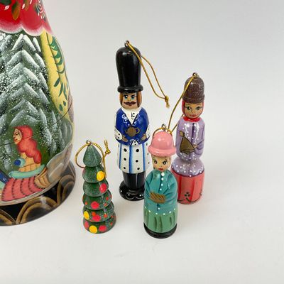 Russian Nesting Doll & Hand-Painted Wooden Christmas Ornaments Set