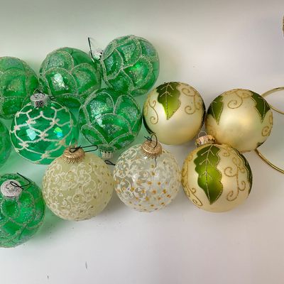 Assorted Green and Cream Glass Christmas Ornaments with Display Stand