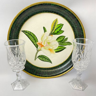 Vintage Crystal Hurricane Goblets and Hand-Painted Magnolia Metal Tray