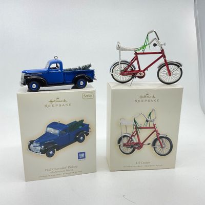 3276 Two Hallmark Christmas Ornaments 1947 Chevy Pickup Truck, “Lil Cruiser” Bike