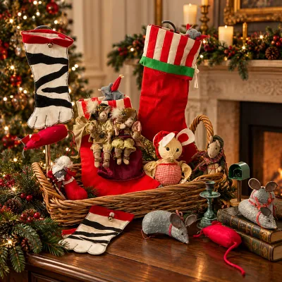 Vintage Christmas Mouse Decor and Stocking Collection with Basket