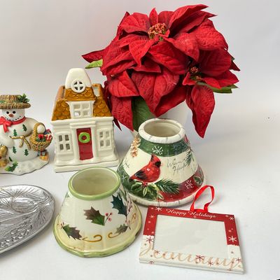 Assorted Christmas Decor Lot - Snowmen, Birch Lanterns, Metal Tray & More