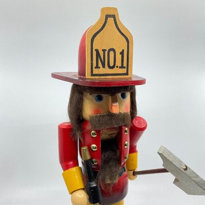 Vintage Wooden Firefighter Nutcracker with Axe and Hose