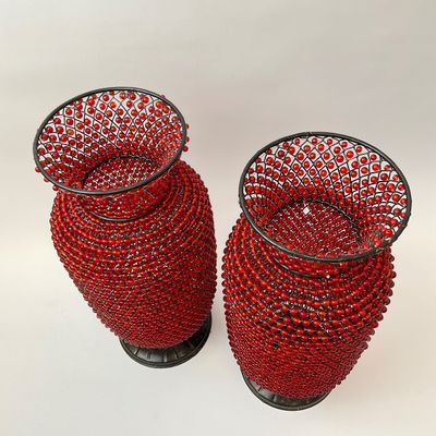 Pair of Red Beaded Wire Vases on Pedestal Bases