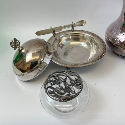 Antique American Silver Plate Co. Butter Dish, Pitcher & Hair Receiver