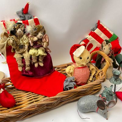 Vintage Christmas Mouse Decor and Stocking Collection with Basket