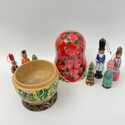 Russian Nesting Doll & Hand-Painted Wooden Christmas Ornaments Set