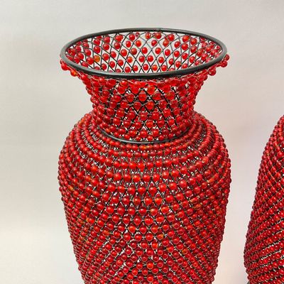Pair of Red Beaded Wire Vases on Pedestal Bases