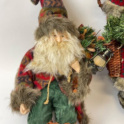 Vintage Rustic Santa and Elf Figures with Snowshoes and Lantern