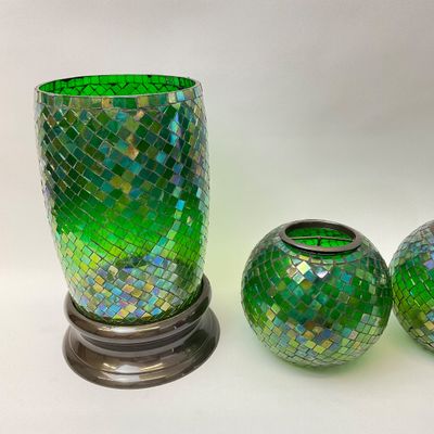 Green Mosaic Glass Hurricane and Orb Candle Holder Set