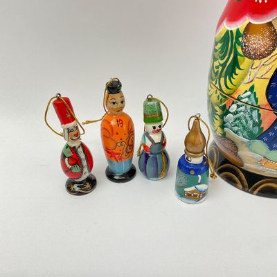 Russian Nesting Doll & Hand-Painted Wooden Christmas Ornaments Set
