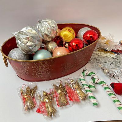 Assorted Christmas Ornaments, Garlands, and Red Metal Tub