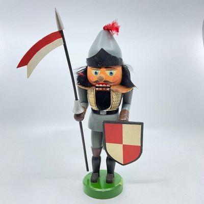 Vintage Wooden Knight Nutcracker with Spear and Shield