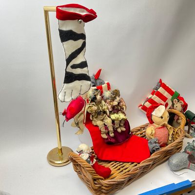 Vintage Christmas Mouse Decor and Stocking Collection with Basket