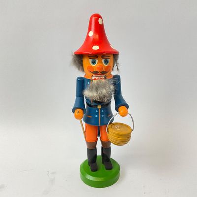 Vintage German Wooden Mushroom Hat Nutcracker with Bucket
