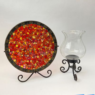 Mosaic Glass Decorative Plate and Hurricane Candle Holder Set