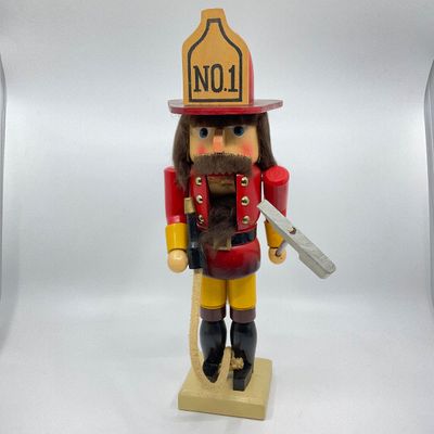 Vintage Wooden Firefighter Nutcracker with Axe and Hose