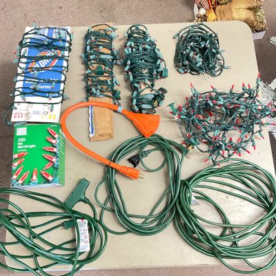 Red Christmas Mini Lights and Green Extension Cords Lot