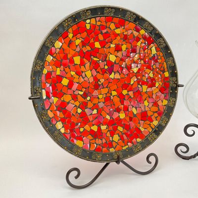 Mosaic Glass Decorative Plate and Hurricane Candle Holder Set