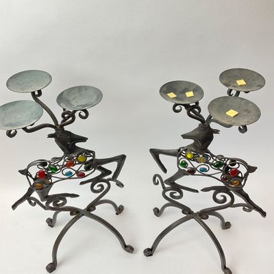 3301 Vintage Jeweled Metal Reindeer Candelabras - Pair