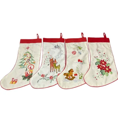Vintage Hand-Embroidered Christmas Stockings - Set of 4