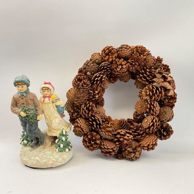 Winter Figurine and Pinecone Wreath Holiday Decor Set