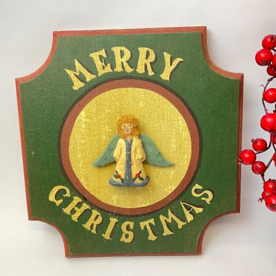 Vintage Christmas Red Berry Wreath & Wooden Angel Plaque