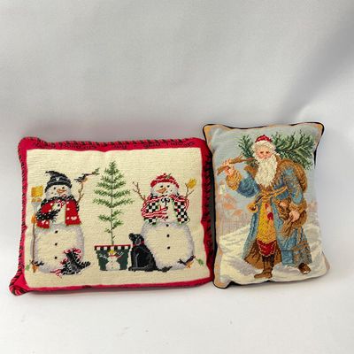 Vintage Christmas Needlepoint Accent Pillows - Set of 2